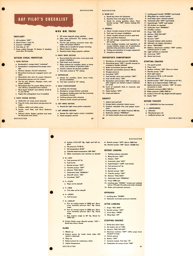 B-25 Mitchell Bomber - Pilot's Checklist